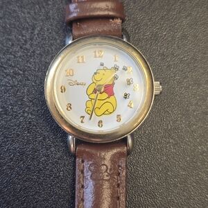 Disney Winnie the Pooh Gold-Tone Watch with Brown Leather Strap